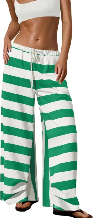 ReachMe Womens Striped Wide Leg Pants Beach Travel Palazzo Pants Drawstring Elastic Waist Pants with Pockets