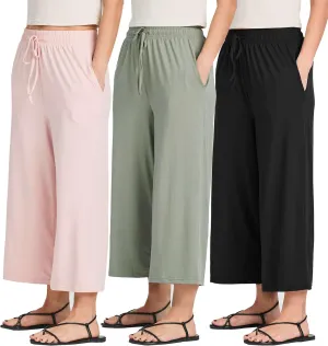 Real Essentials 3 Pack: Women's Ultra-Soft Wide Leg Loose Capri Open Bottom Pants - Yoga Lounge Pockets(Available in Plus)