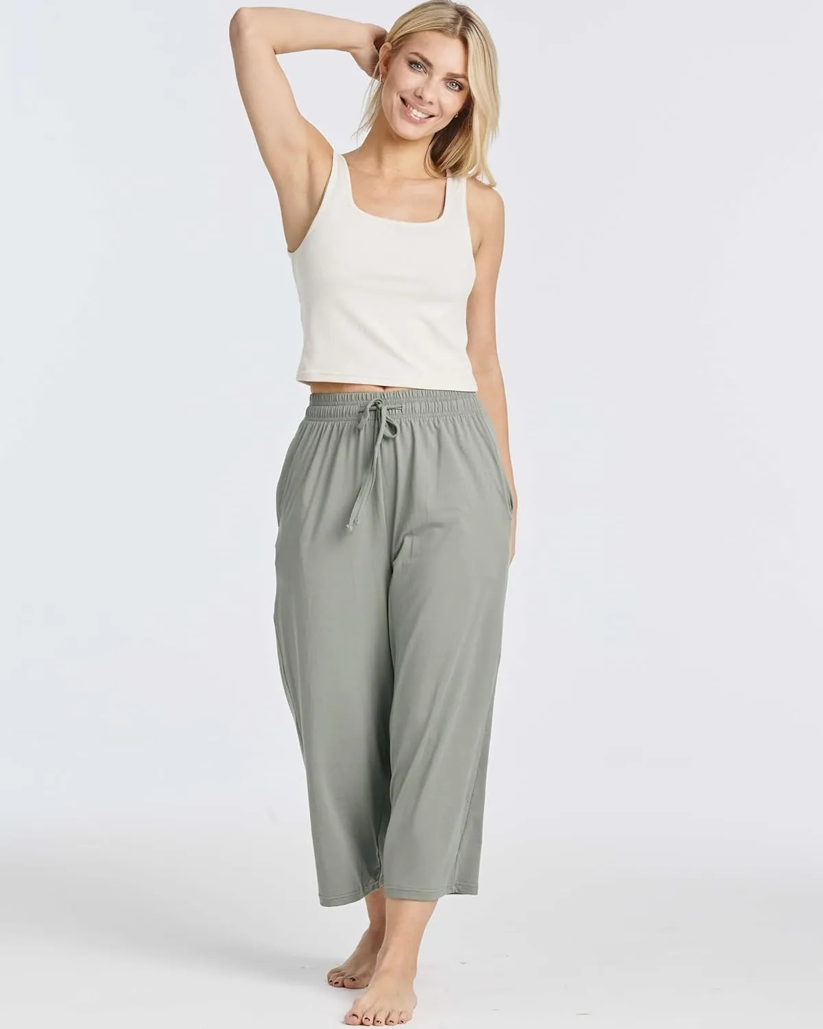 Real Essentials 3 Pack: Women's Ultra-Soft Wide Leg Loose Capri Open Bottom Pants - Yoga Lounge Pockets(Available in Plus)