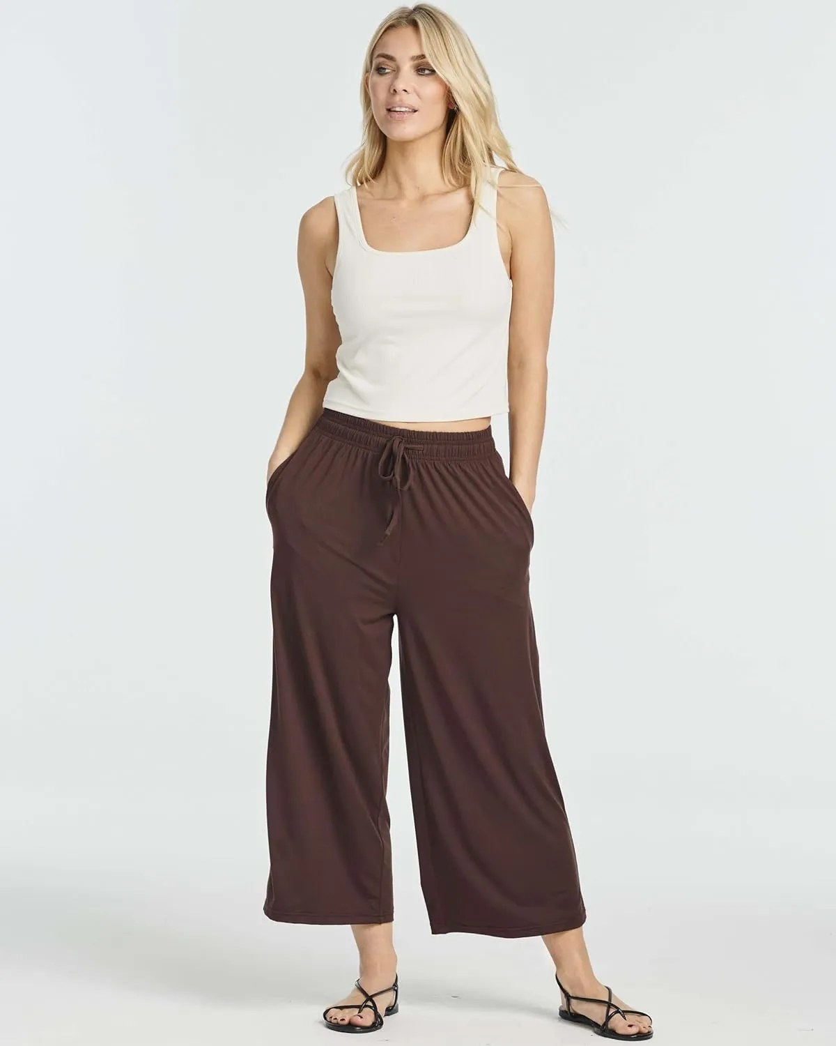 Real Essentials 3 Pack: Women's Ultra-Soft Wide Leg Loose Capri Open Bottom Pants - Yoga Lounge Pockets(Available in Plus)
