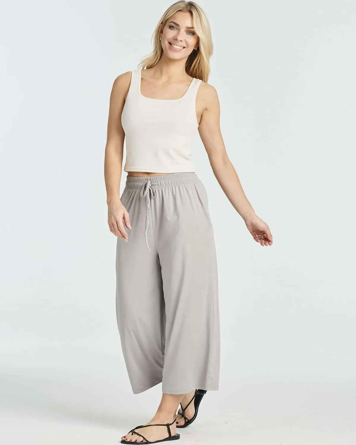 Real Essentials 3 Pack: Women's Ultra-Soft Wide Leg Loose Capri Open Bottom Pants - Yoga Lounge Pockets(Available in Plus)