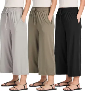 Real Essentials 3 Pack: Women's Ultra-Soft Wide Leg Loose Capri Open Bottom Pants - Yoga Lounge Pockets(Available in Plus)
