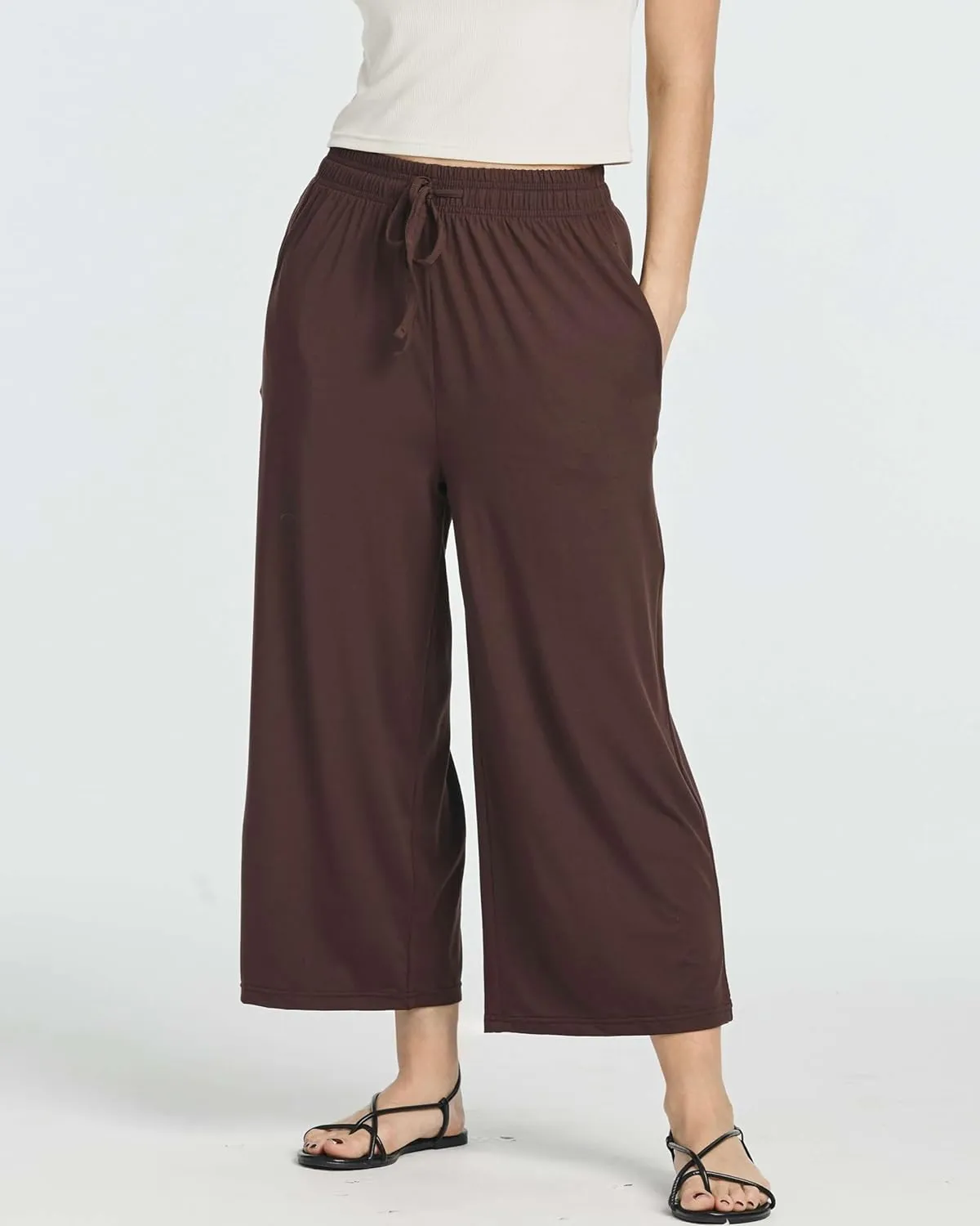 Real Essentials 3 Pack: Women's Ultra-Soft Wide Leg Loose Capri Open Bottom Pants - Yoga Lounge Pockets(Available in Plus)