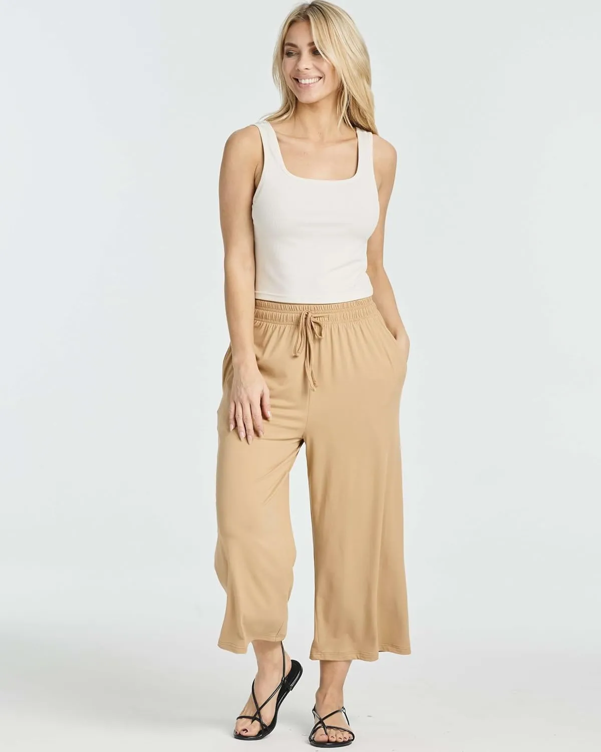 Real Essentials 3 Pack: Women's Ultra-Soft Wide Leg Loose Capri Open Bottom Pants - Yoga Lounge Pockets(Available in Plus)