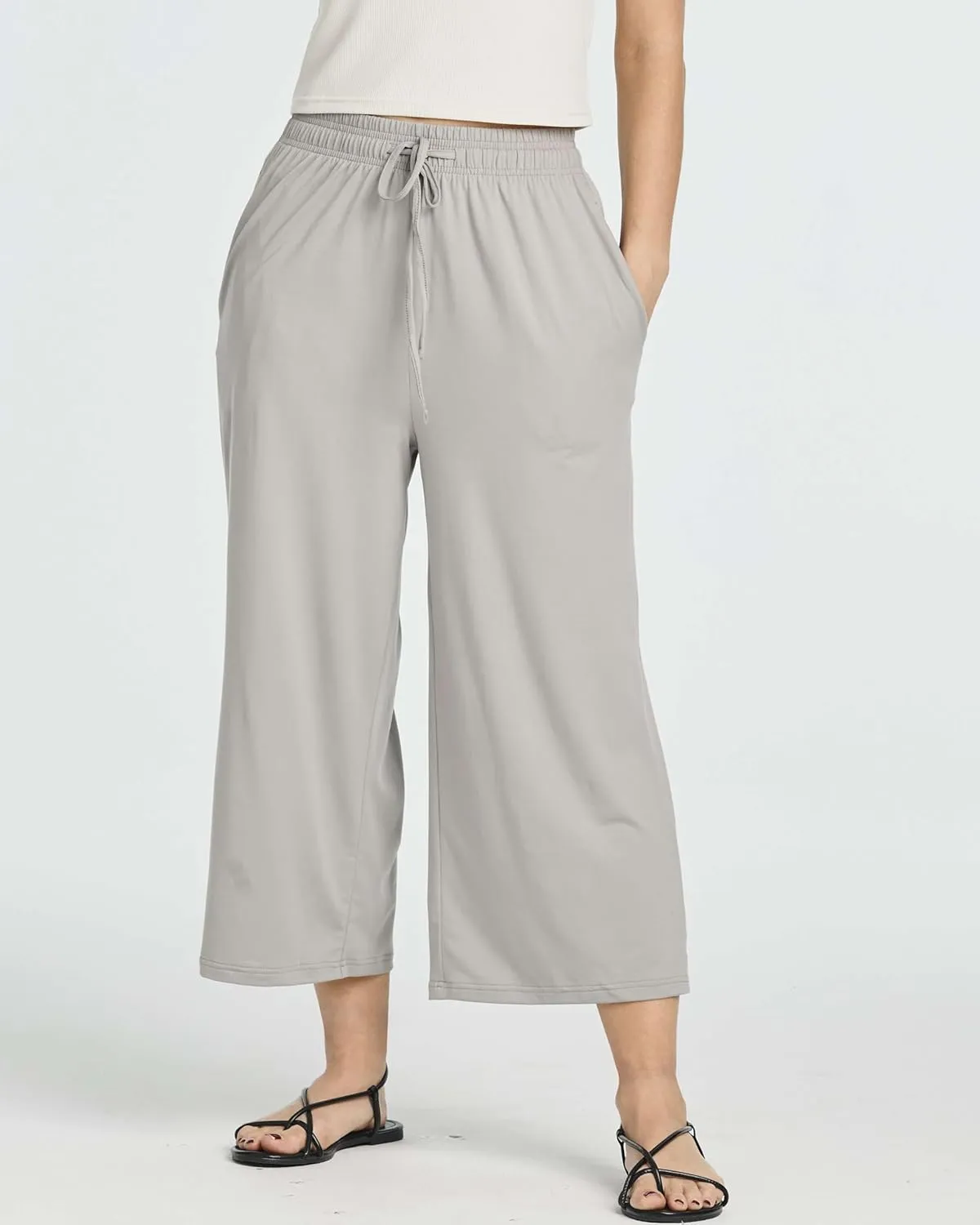 Real Essentials 3 Pack: Women's Ultra-Soft Wide Leg Loose Capri Open Bottom Pants - Yoga Lounge Pockets(Available in Plus)