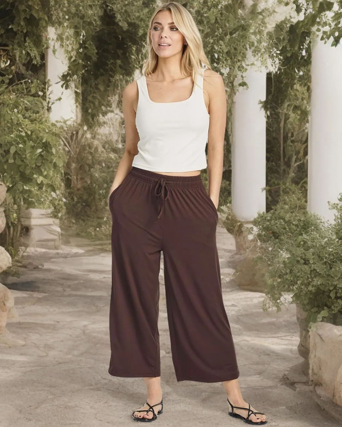 Real Essentials 3 Pack: Women's Ultra-Soft Wide Leg Loose Capri Open Bottom Pants - Yoga Lounge Pockets(Available in Plus)