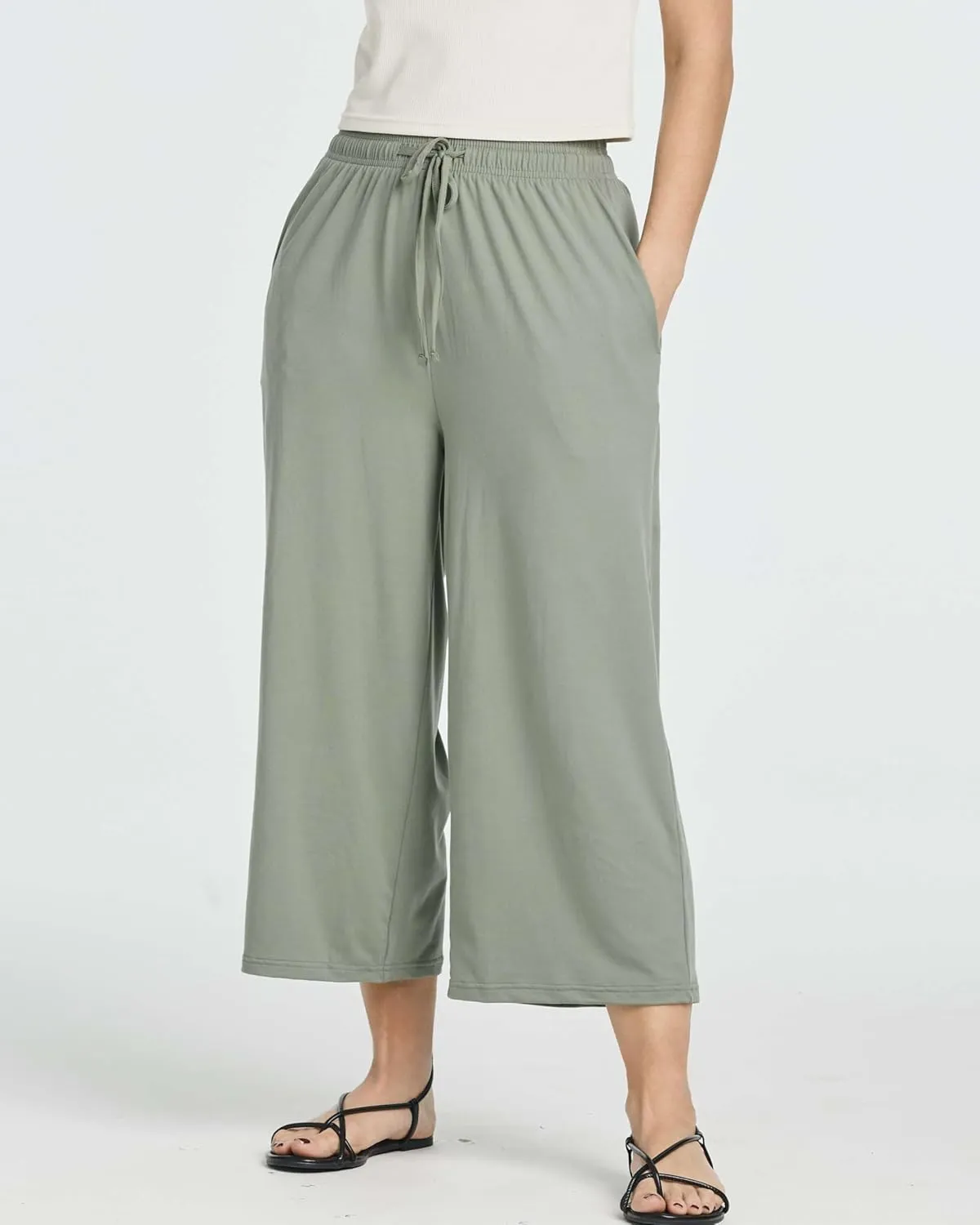 Real Essentials 3 Pack: Women's Ultra-Soft Wide Leg Loose Capri Open Bottom Pants - Yoga Lounge Pockets(Available in Plus)