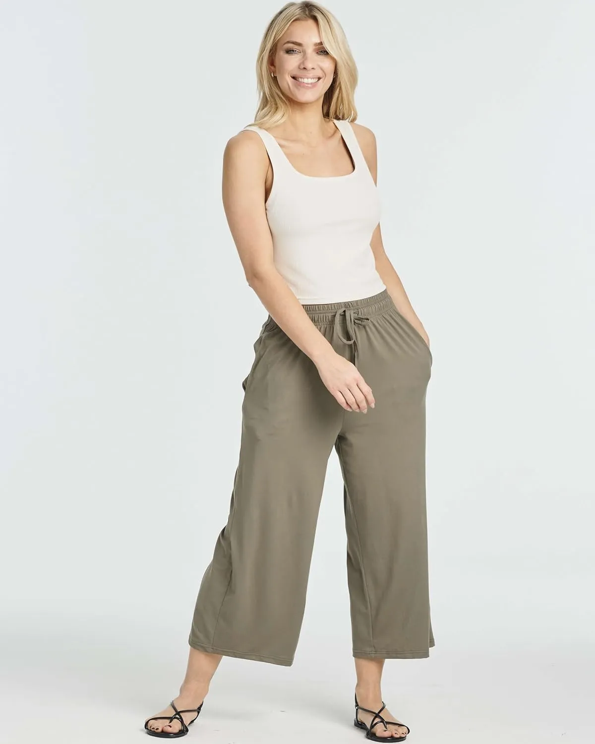 Real Essentials 3 Pack: Women's Ultra-Soft Wide Leg Loose Capri Open Bottom Pants - Yoga Lounge Pockets(Available in Plus)