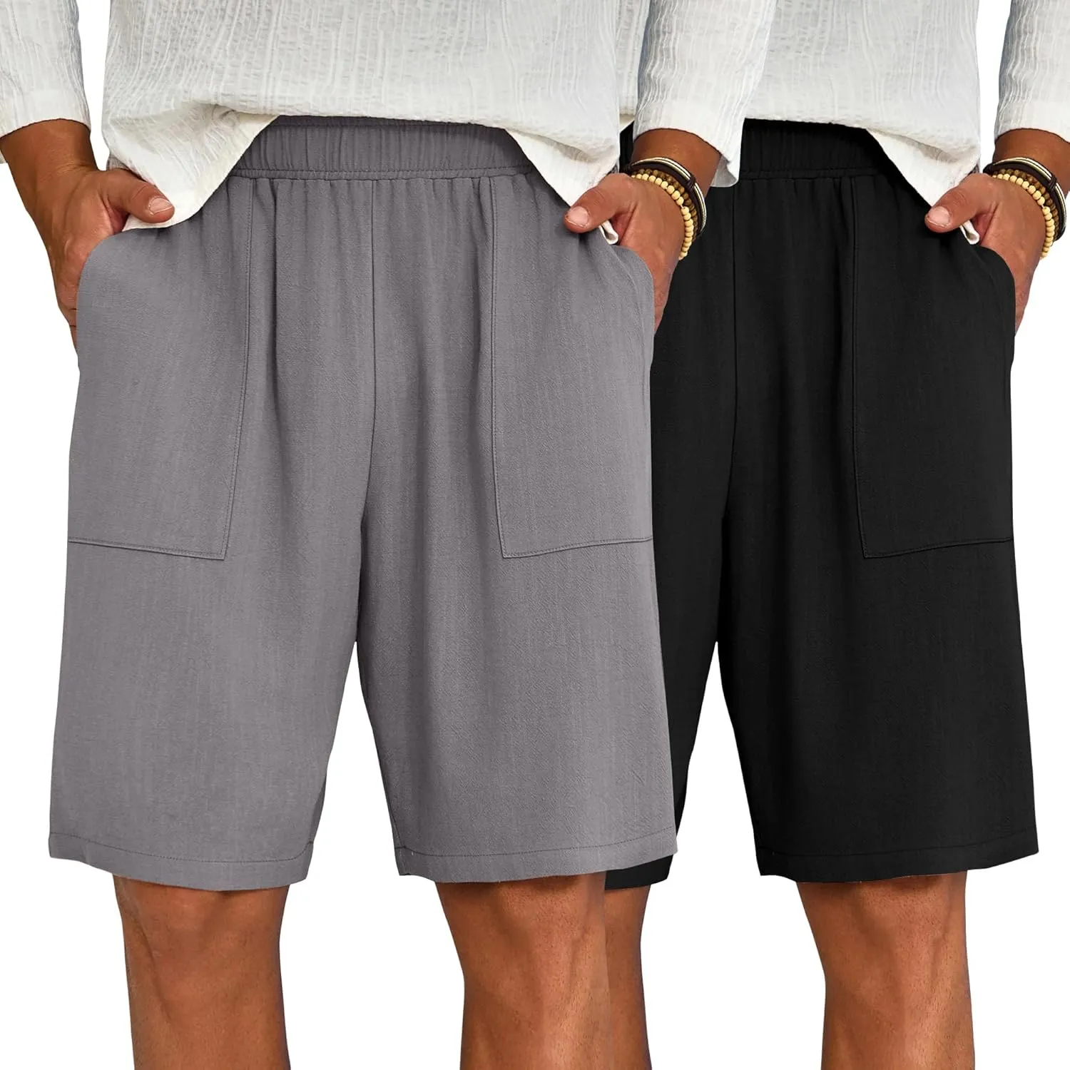 Riyiper 2 Pack Men's Big and Tall Linen Shorts, Drawstring Casual Shorts with Pockets Elastic Waist Beach Summer Shorts