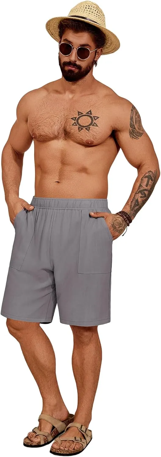 Riyiper 2 Pack Men's Big and Tall Linen Shorts, Drawstring Casual Shorts with Pockets Elastic Waist Beach Summer Shorts
