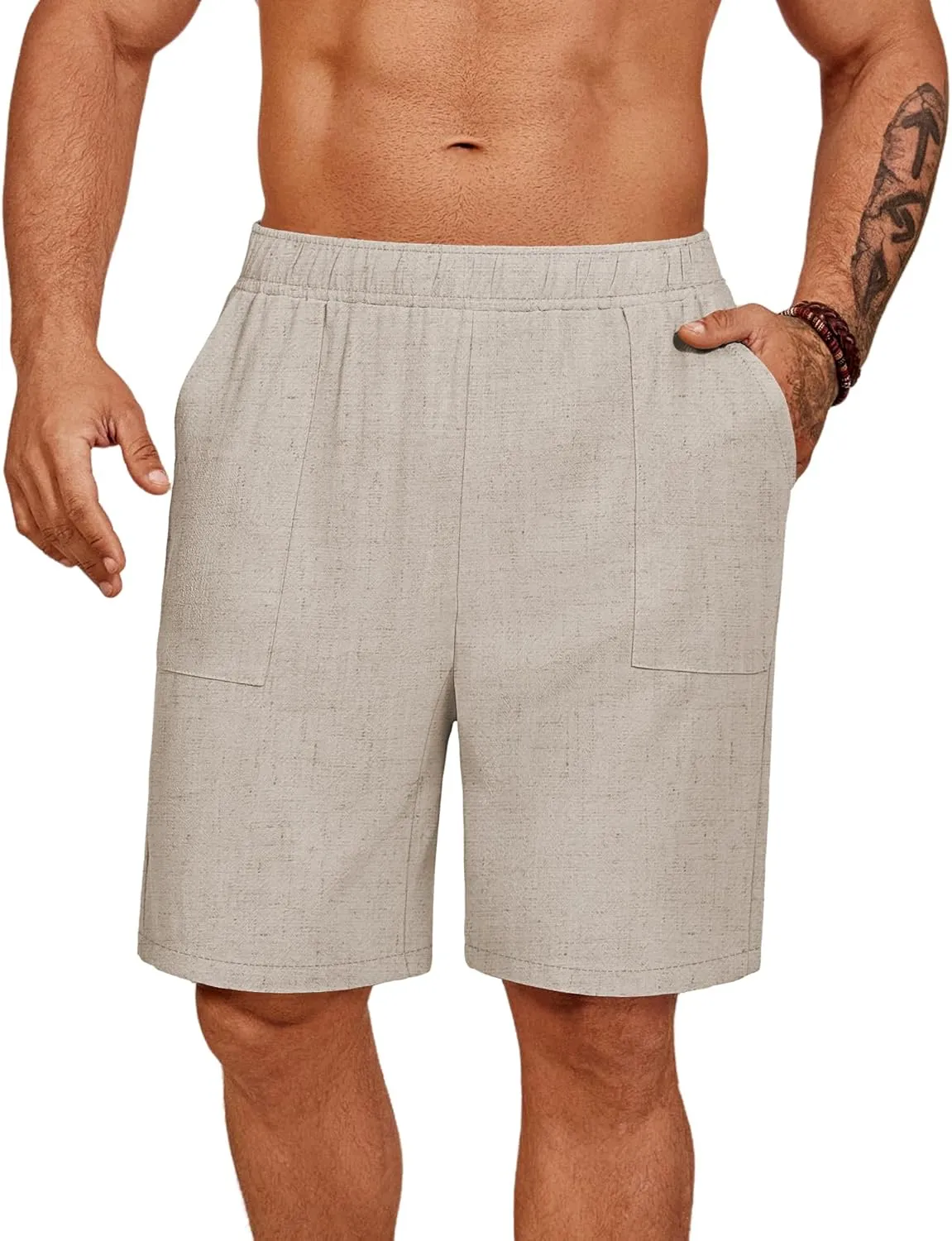Riyiper 2 Pack Men's Big and Tall Linen Shorts, Drawstring Casual Shorts with Pockets Elastic Waist Beach Summer Shorts