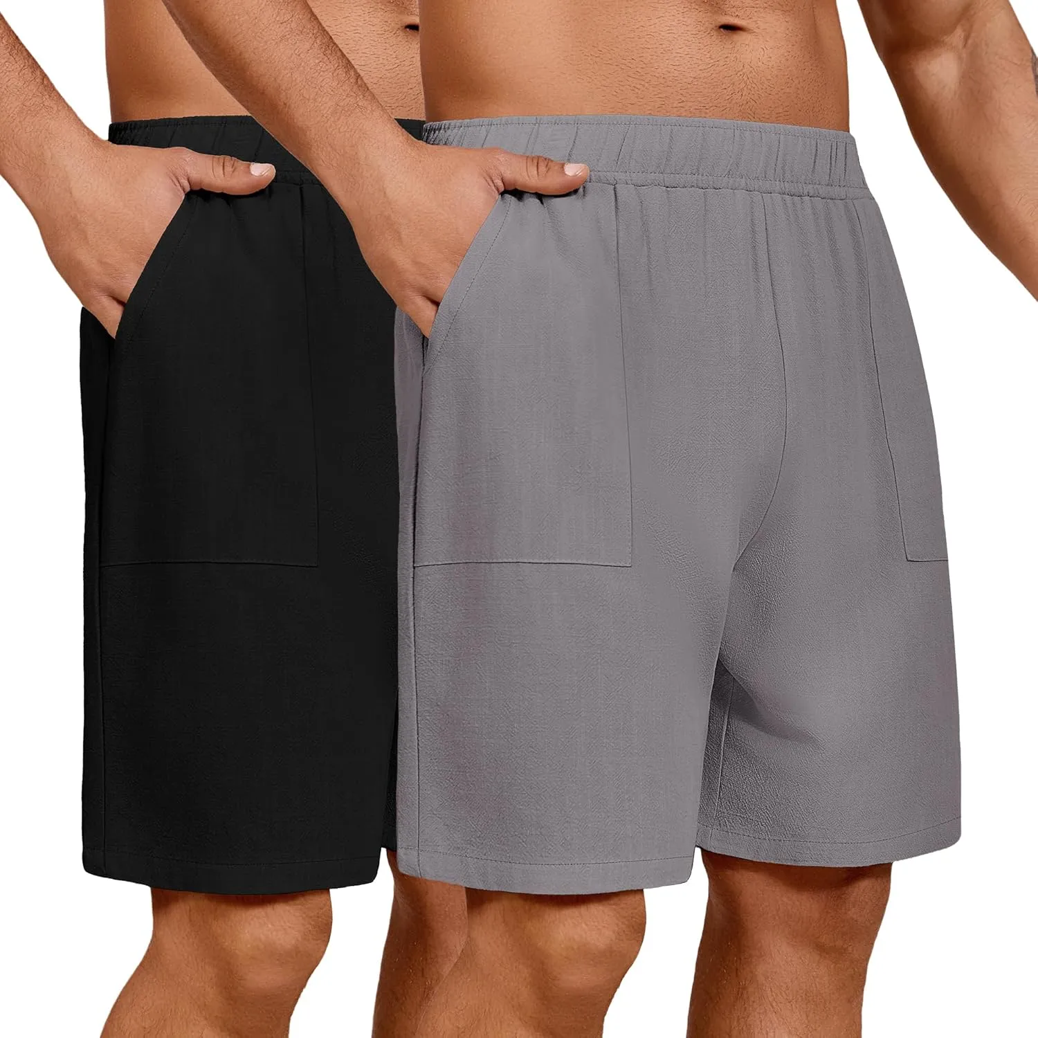 Riyiper 2 Pack Men's Big and Tall Linen Shorts, Drawstring Casual Shorts with Pockets Elastic Waist Beach Summer Shorts