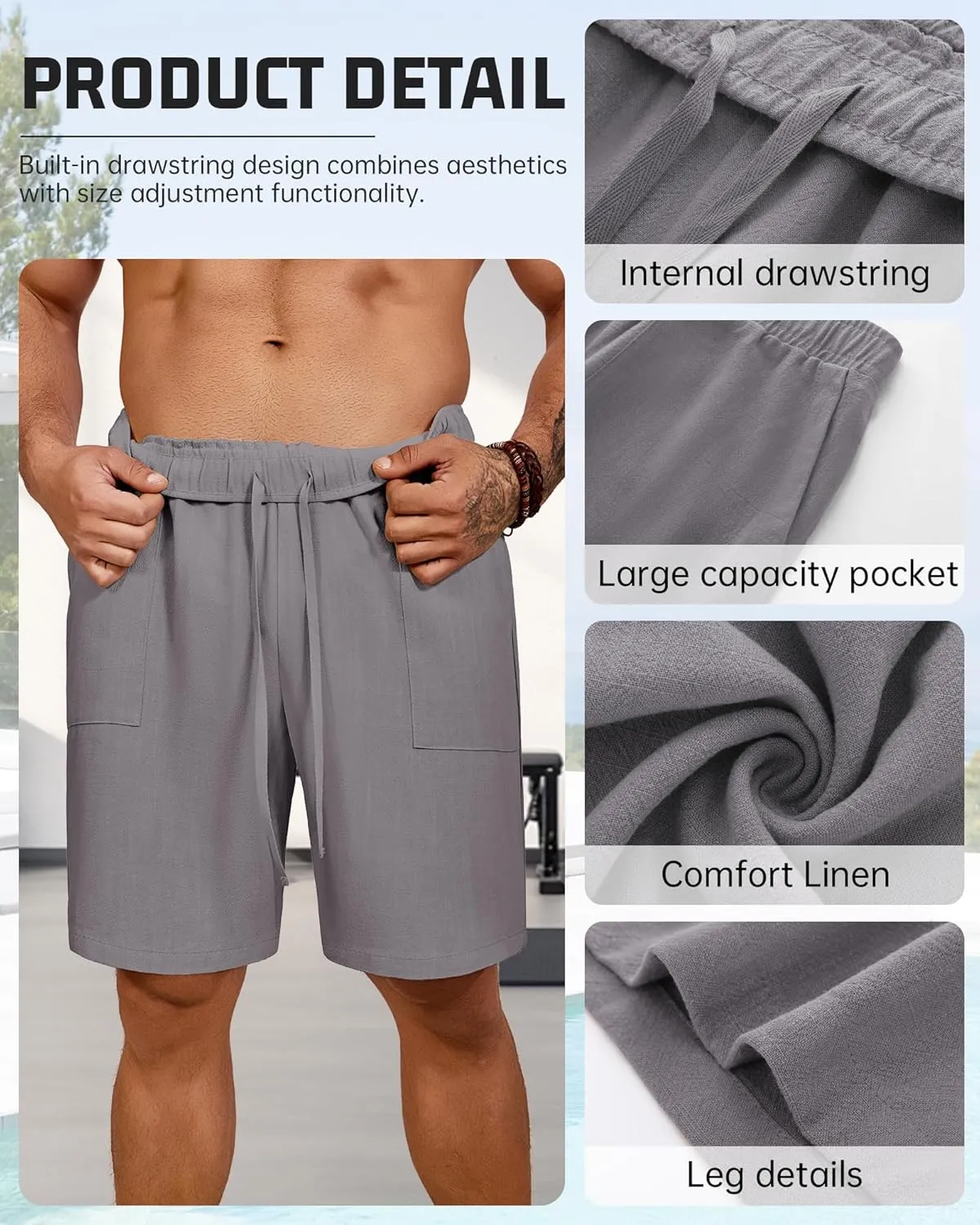 Riyiper 2 Pack Men's Big and Tall Linen Shorts, Drawstring Casual Shorts with Pockets Elastic Waist Beach Summer Shorts