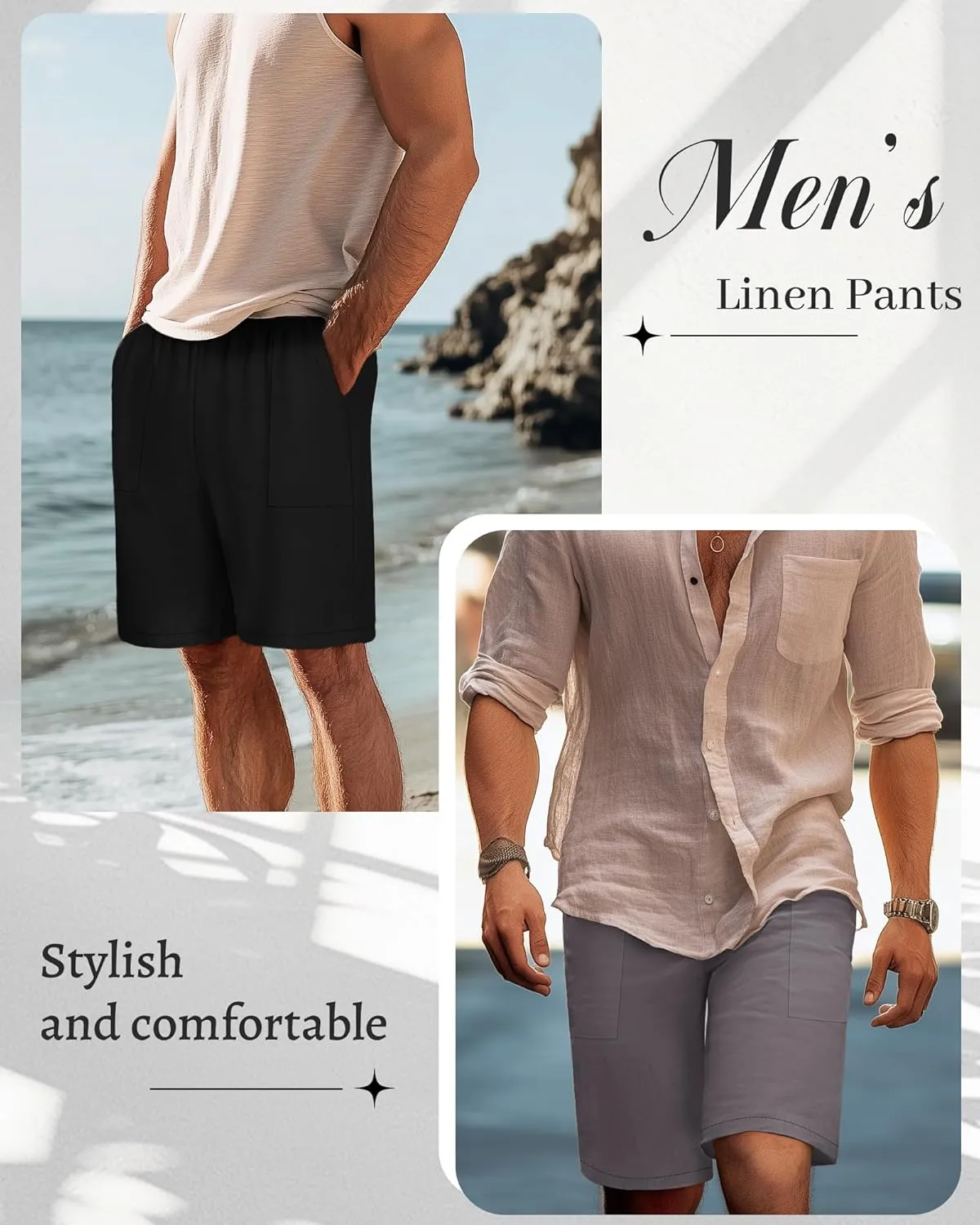 Riyiper 2 Pack Men's Big and Tall Linen Shorts, Drawstring Casual Shorts with Pockets Elastic Waist Beach Summer Shorts