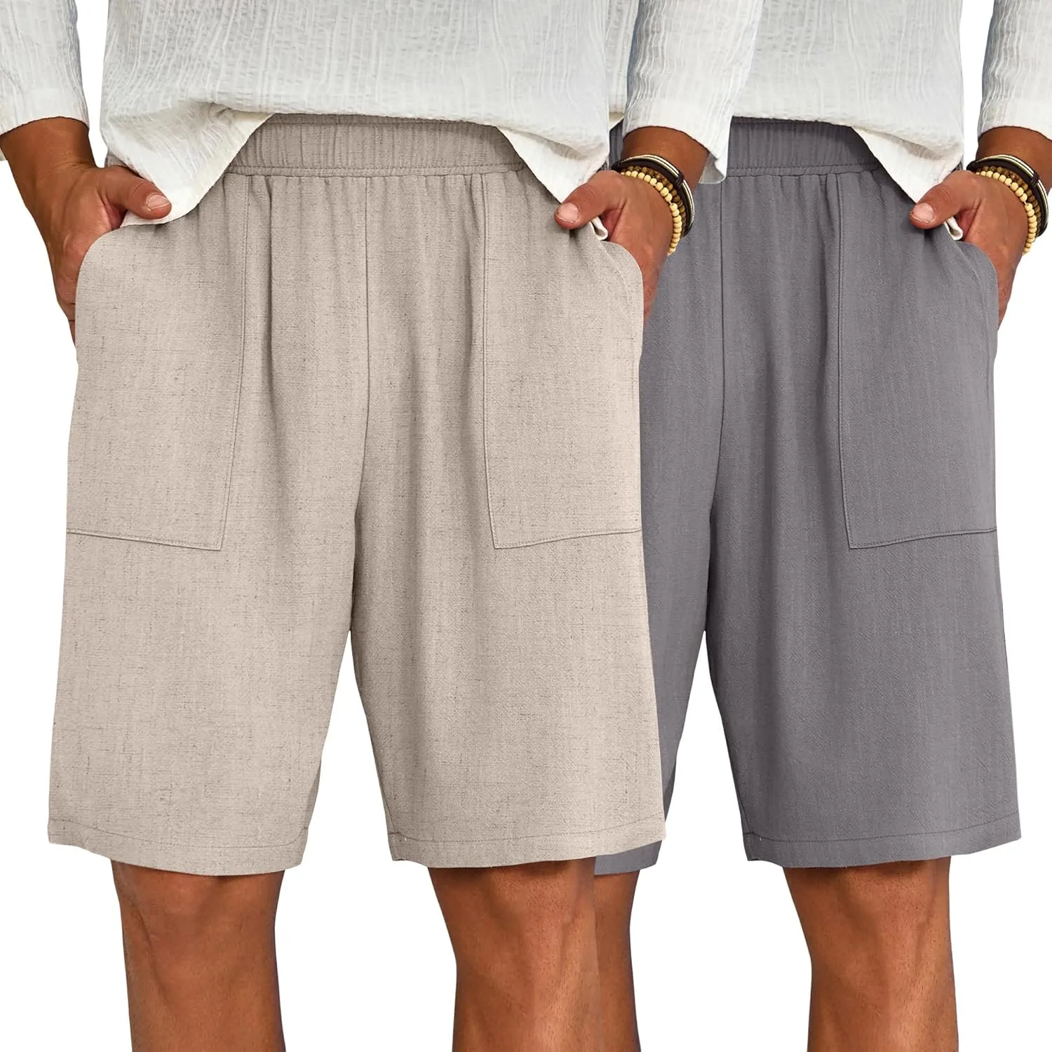 Riyiper 2 Pack Men's Big and Tall Linen Shorts, Drawstring Casual Shorts with Pockets Elastic Waist Beach Summer Shorts