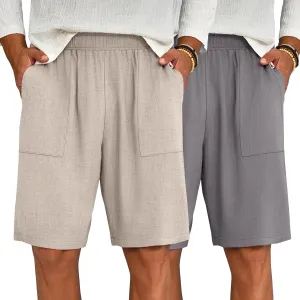 Riyiper 2 Pack Men's Big and Tall Linen Shorts, Drawstring Casual Shorts with Pockets Elastic Waist Beach Summer Shorts