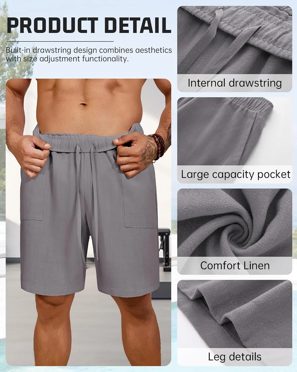 Riyiper 2 Pack Men's Big and Tall Linen Shorts, Drawstring Casual Shorts with Pockets Elastic Waist Beach Summer Shorts