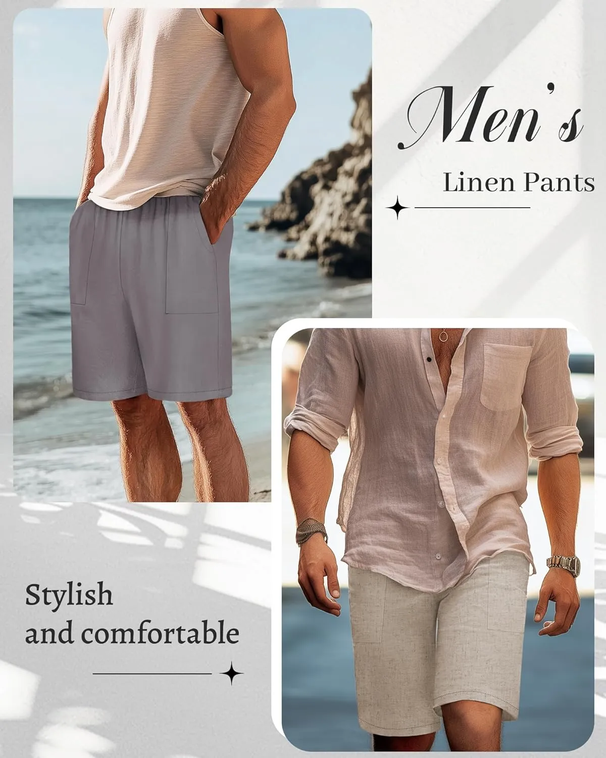 Riyiper 2 Pack Men's Big and Tall Linen Shorts, Drawstring Casual Shorts with Pockets Elastic Waist Beach Summer Shorts