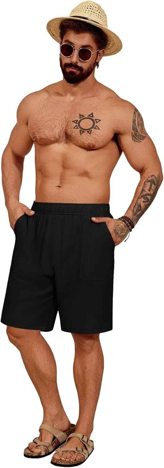 Riyiper 2 Pack Men's Big and Tall Linen Shorts, Drawstring Casual Shorts with Pockets Elastic Waist Beach Summer Shorts