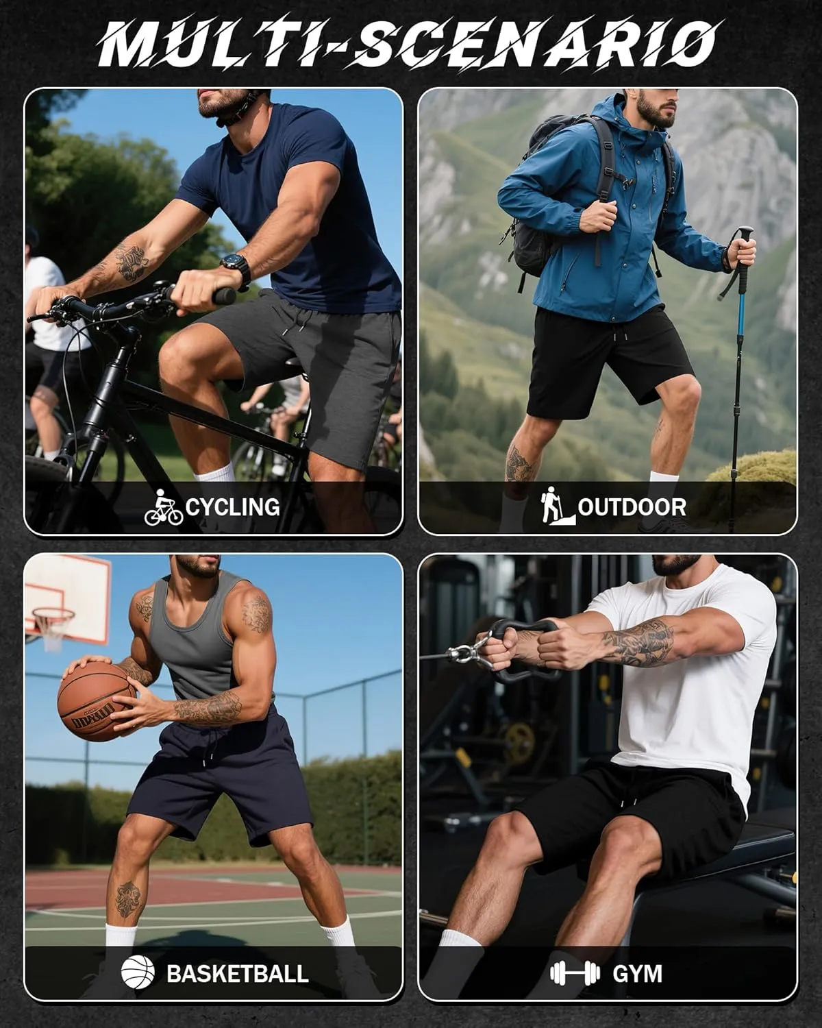 Riyiper 3 Pack Men's Bermuda Athletic Shorts Cotton Casual High Waist Shorts with Pockets Drawstring Knee Length Shorts
