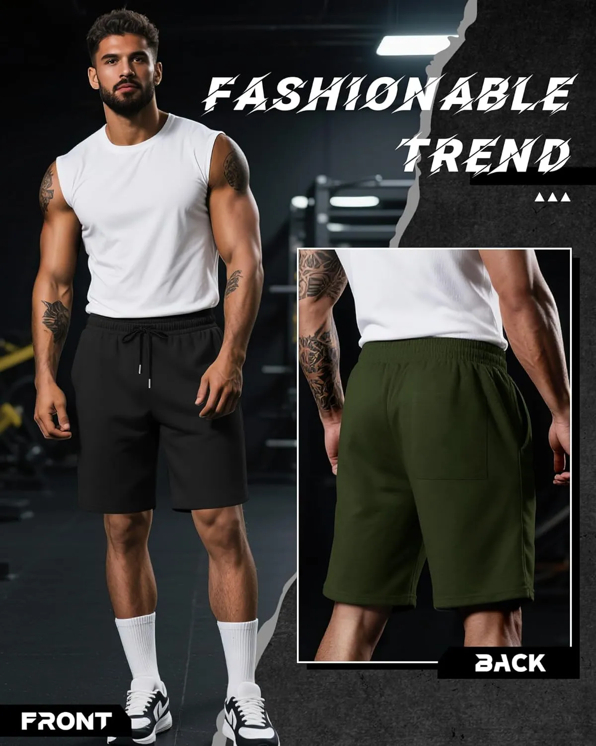 Riyiper 3 Pack Men's Bermuda Athletic Shorts Cotton Casual High Waist Shorts with Pockets Drawstring Knee Length Shorts