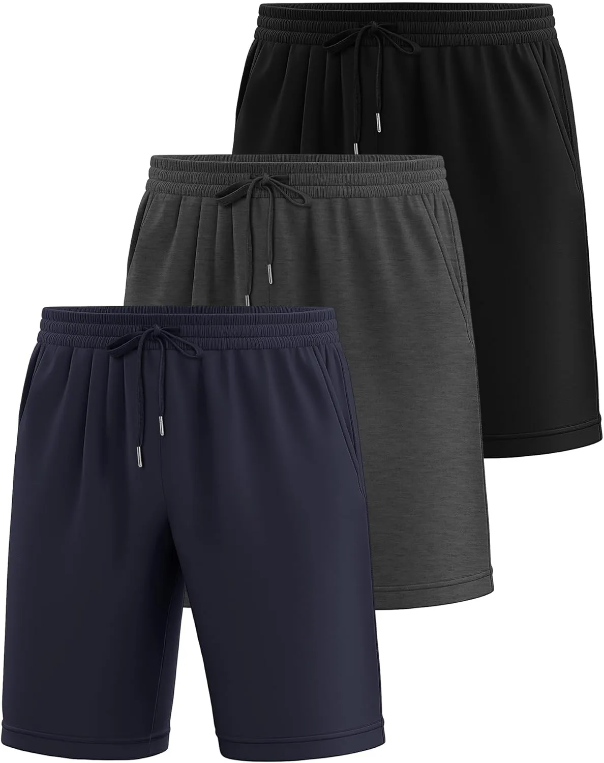 Riyiper 3 Pack Men's Bermuda Athletic Shorts Cotton Casual High Waist Shorts with Pockets Drawstring Knee Length Shorts