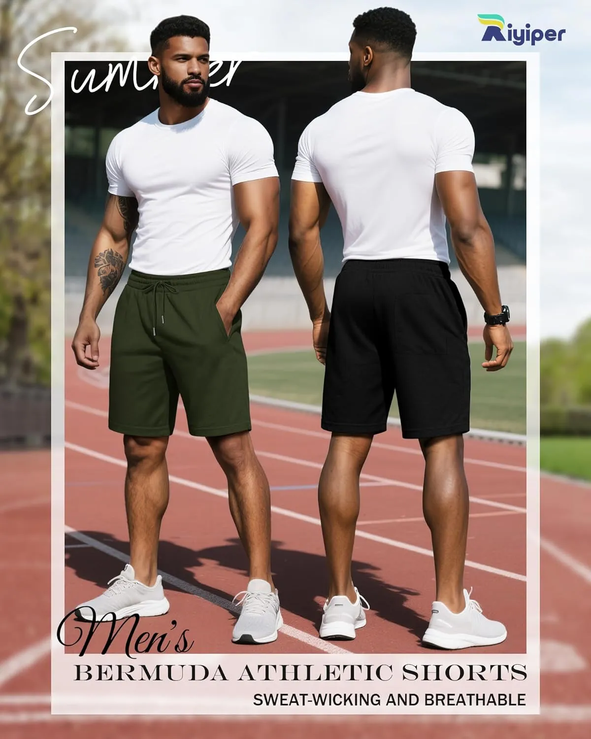 Riyiper 3 Pack Men's Bermuda Athletic Shorts Cotton Casual High Waist Shorts with Pockets Drawstring Knee Length Shorts