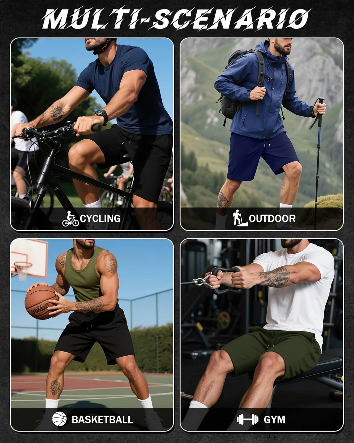 Riyiper 3 Pack Men's Bermuda Athletic Shorts Cotton Casual High Waist Shorts with Pockets Drawstring Knee Length Shorts
