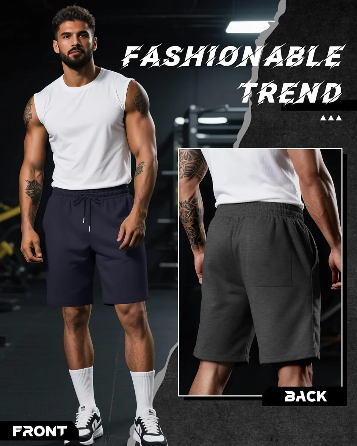 Riyiper 3 Pack Men's Bermuda Athletic Shorts Cotton Casual High Waist Shorts with Pockets Drawstring Knee Length Shorts