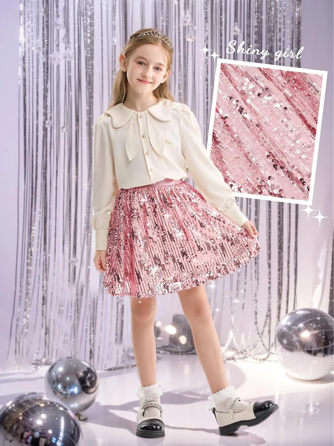 Rolanko Girls Sequin Skirt Elastic Waist Glitter Sparkly Skort with Lining Twirling Shiny Skirts for Kids Dance Party 5-12Y