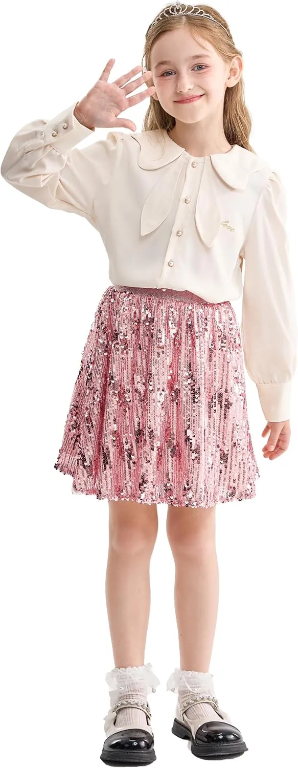 Rolanko Girls Sequin Skirt Elastic Waist Glitter Sparkly Skort with Lining Twirling Shiny Skirts for Kids Dance Party 5-12Y