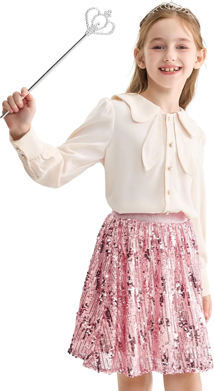 Rolanko Girls Sequin Skirt Elastic Waist Glitter Sparkly Skort with Lining Twirling Shiny Skirts for Kids Dance Party 5-12Y