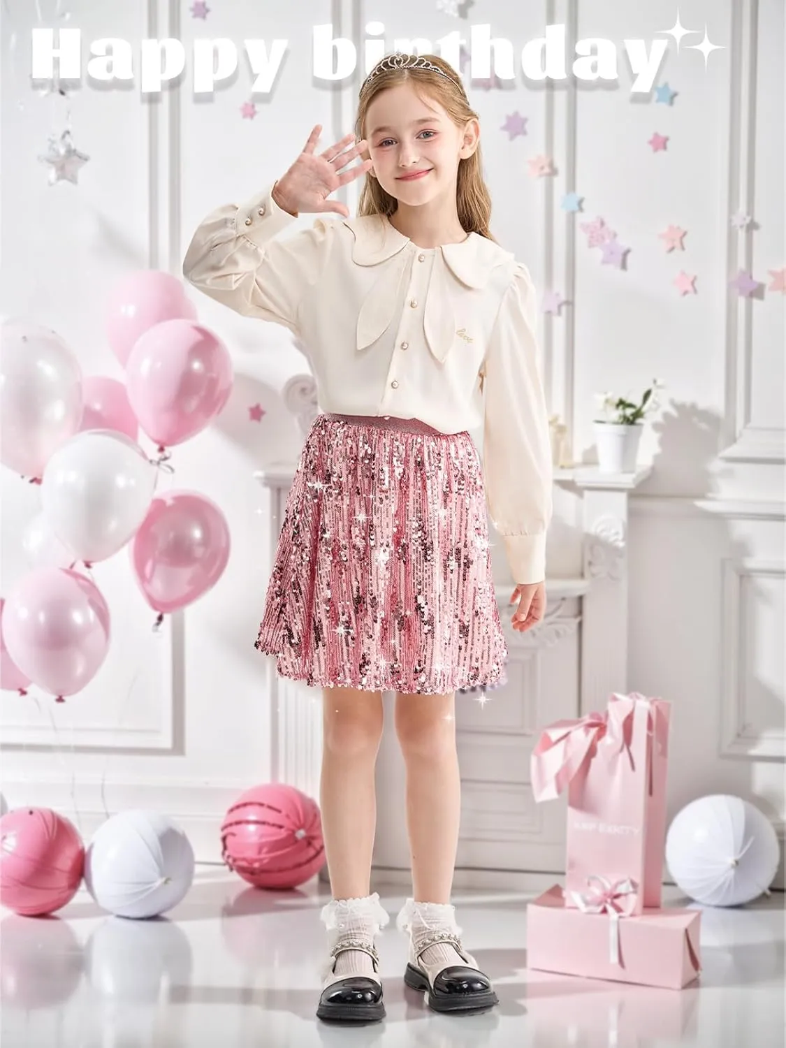 Rolanko Girls Sequin Skirt Elastic Waist Glitter Sparkly Skort with Lining Twirling Shiny Skirts for Kids Dance Party 5-12Y
