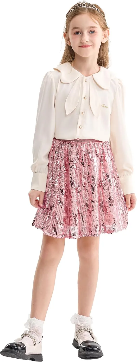 Rolanko Girls Sequin Skirt Elastic Waist Glitter Sparkly Skort with Lining Twirling Shiny Skirts for Kids Dance Party 5-12Y