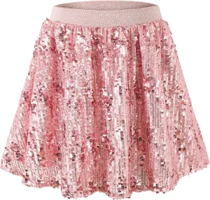 Rolanko Girls Sequin Skirt Elastic Waist Glitter Sparkly Skort with Lining Twirling Shiny Skirts for Kids Dance Party 5-12Y