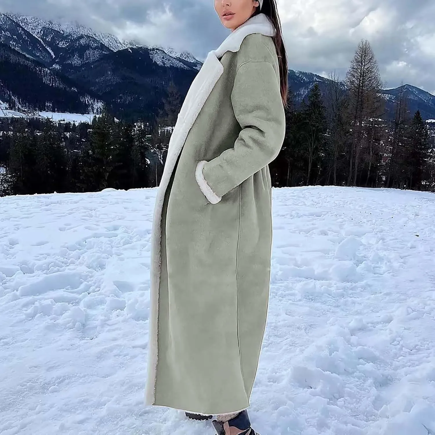 SACFOF Women Sherpa Lined Long Jacket Faux Leather Shearling Jacket Fur Collar Long Trench Coats Winter Lapel Fleece Coat