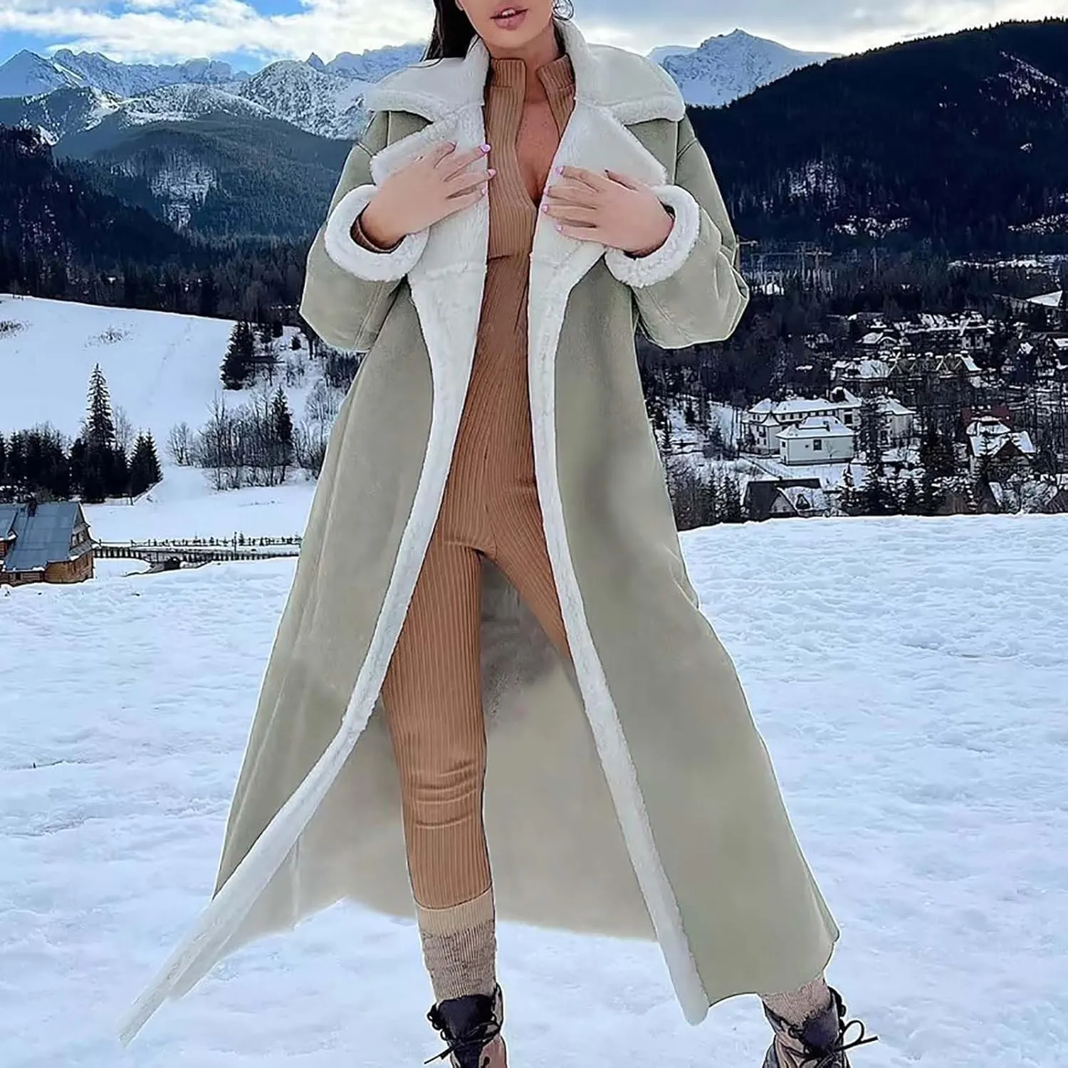 SACFOF Women Sherpa Lined Long Jacket Faux Leather Shearling Jacket Fur Collar Long Trench Coats Winter Lapel Fleece Coat