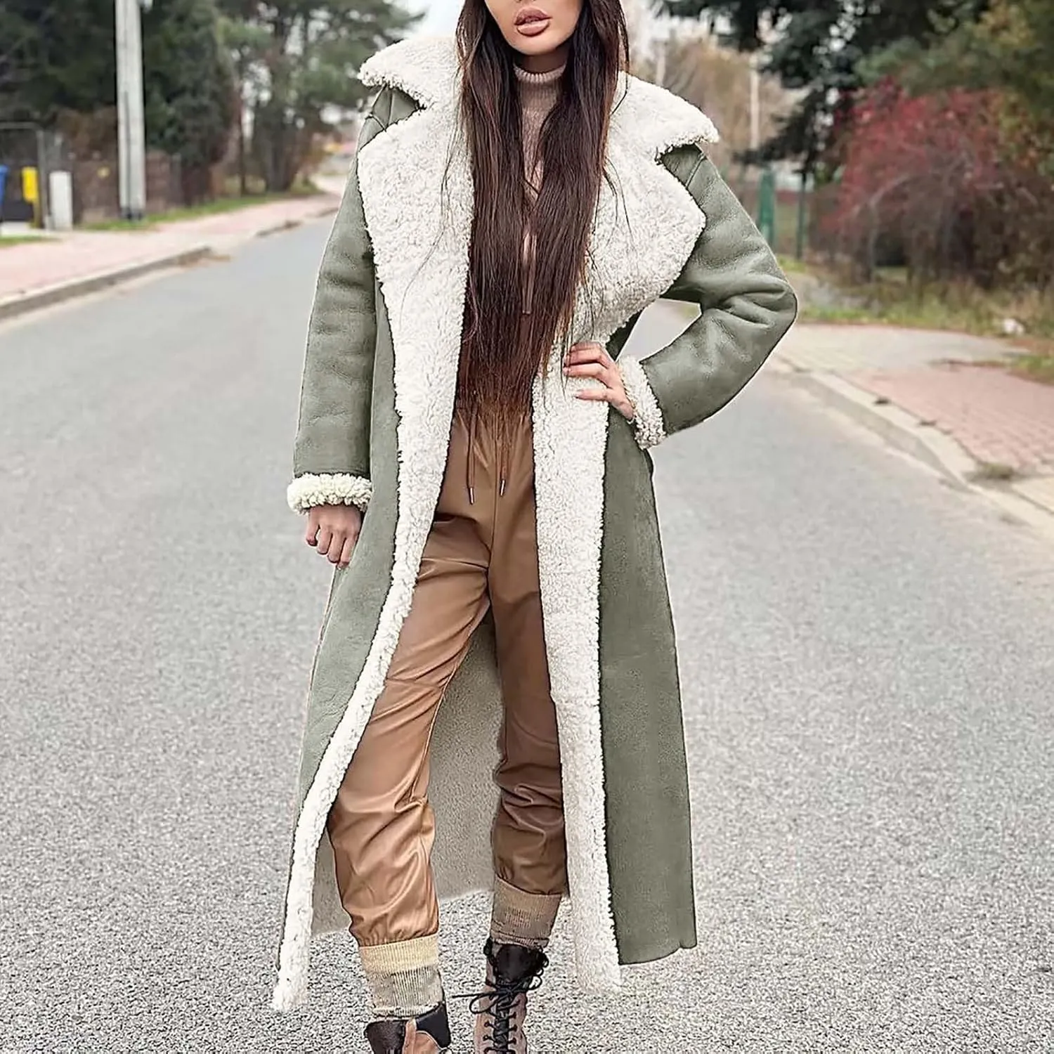 SACFOF Women Sherpa Lined Long Jacket Faux Leather Shearling Jacket Fur Collar Long Trench Coats Winter Lapel Fleece Coat