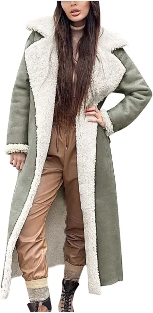 SACFOF Women Sherpa Lined Long Jacket Faux Leather Shearling Jacket Fur Collar Long Trench Coats Winter Lapel Fleece Coat