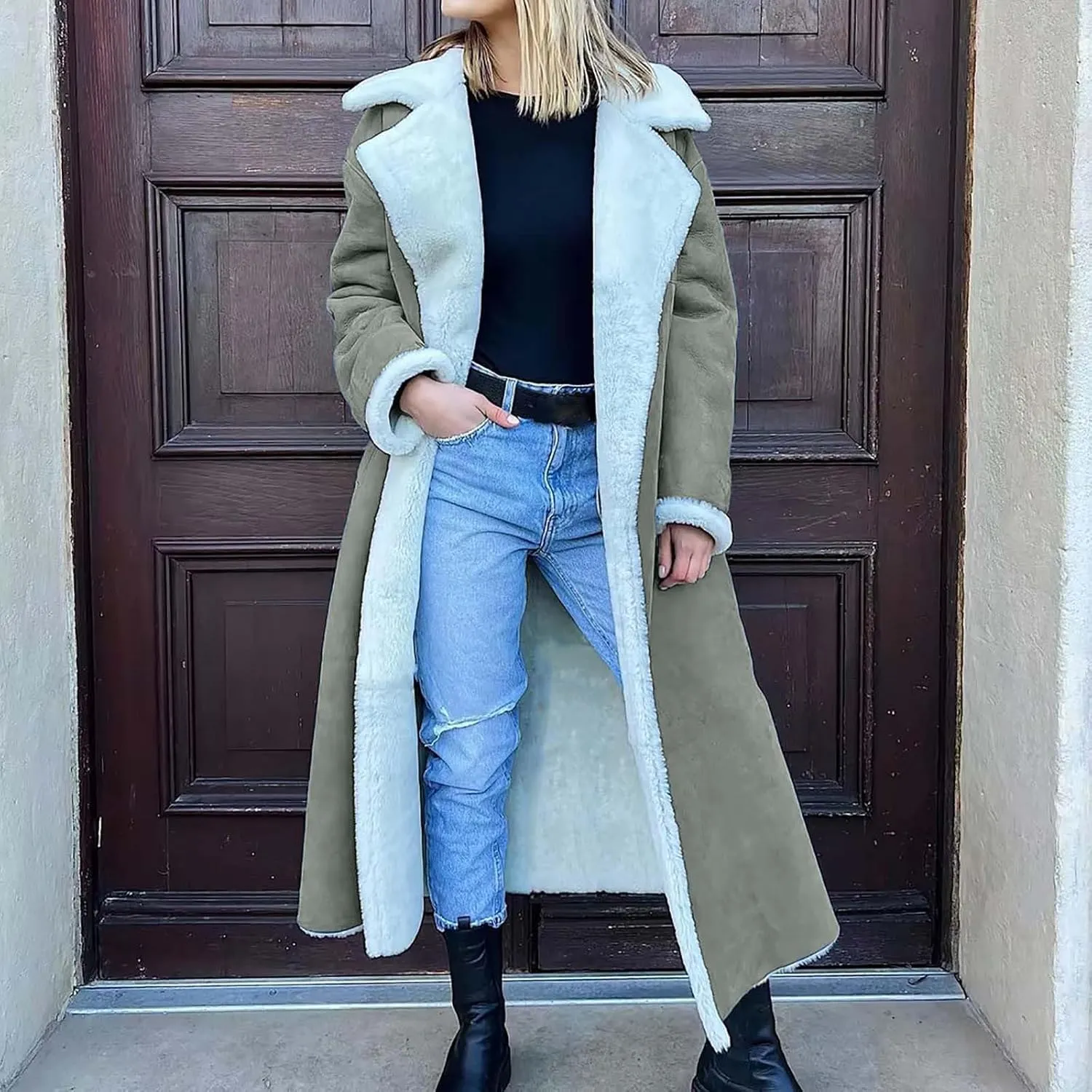 SACFOF Women Sherpa Lined Long Jacket Faux Leather Shearling Jacket Fur Collar Long Trench Coats Winter Lapel Fleece Coat
