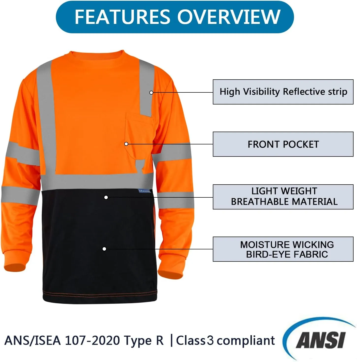 Safety Shirt Long Sleeve High Visibility Reflective Breathable T Shirt for Work Warehouse Construction Class 3