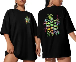 Sea Turtle Shirts Women: Oversized Hawaiian Shirt Beach Graphic T-Shirt Turtle Graphic Tee Casual Vacation Tops