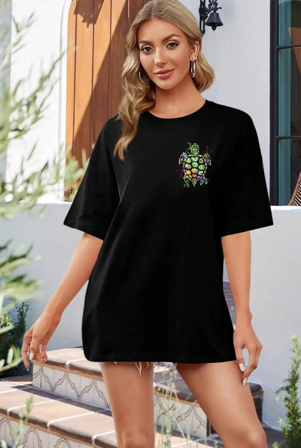 Sea Turtle Shirts Women: Oversized Hawaiian Shirt Beach Graphic T-Shirt Turtle Graphic Tee Casual Vacation Tops