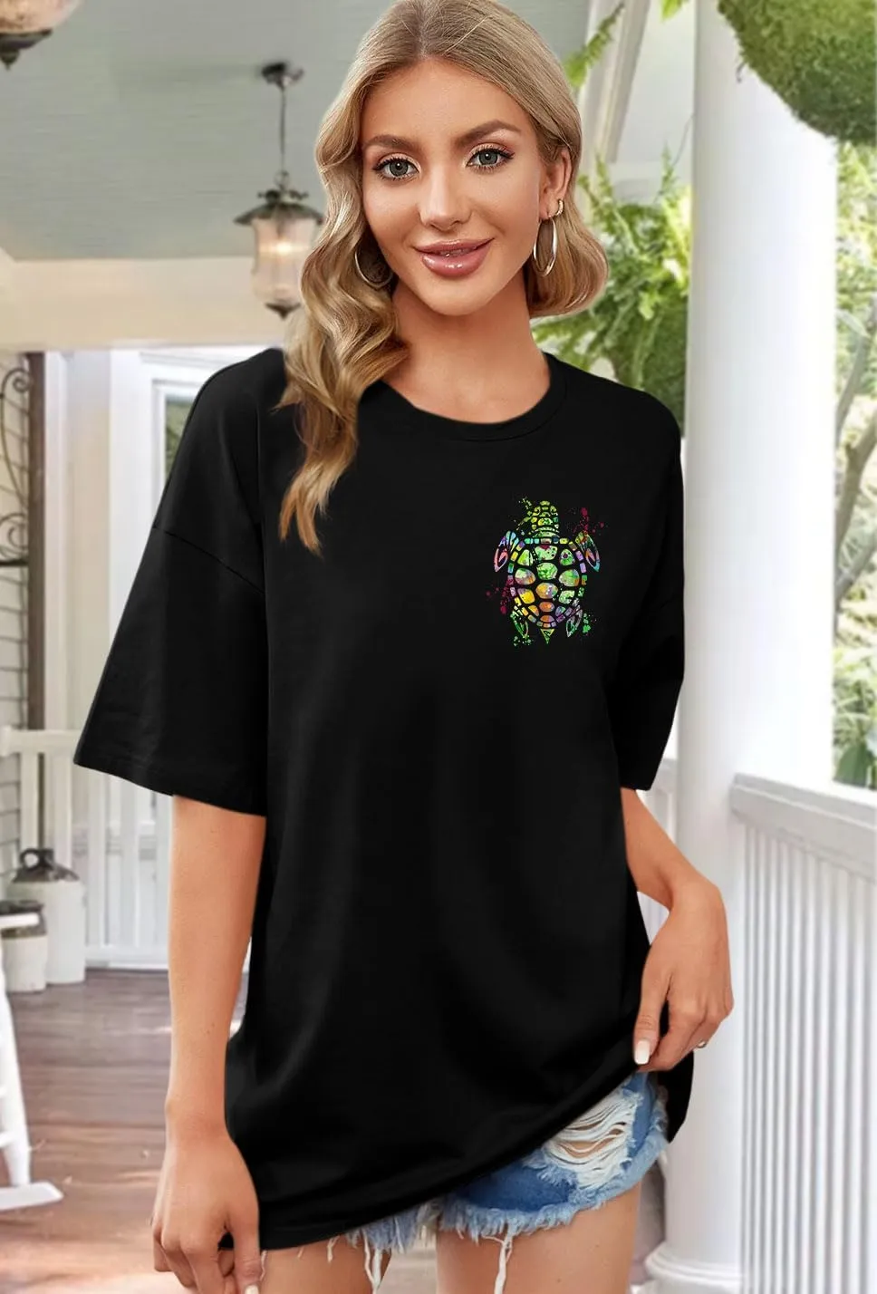 Sea Turtle Shirts Women: Oversized Hawaiian Shirt Beach Graphic T-Shirt Turtle Graphic Tee Casual Vacation Tops