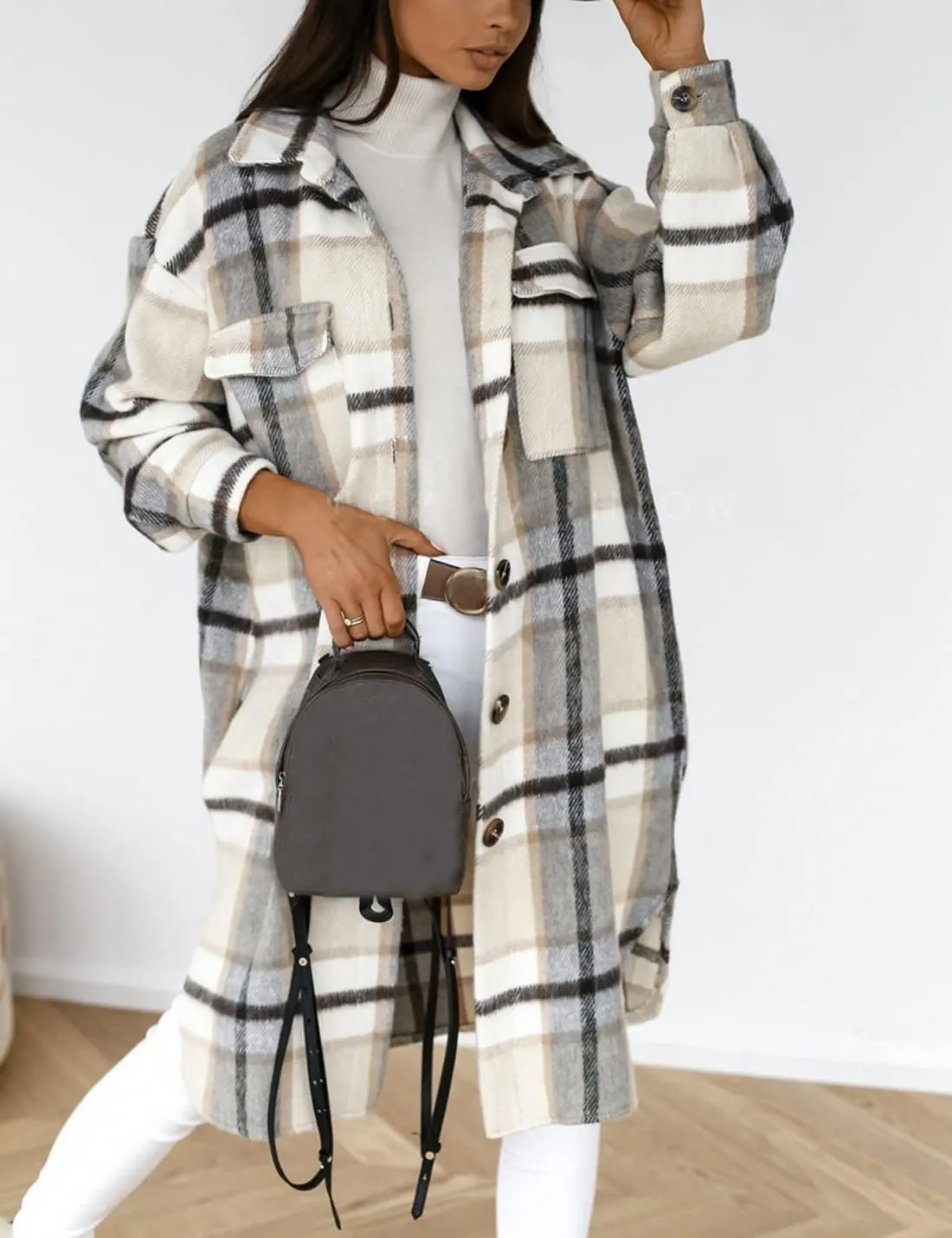 SeekMe Women's Long Plaid Shirt Jacket Shacket Lapel Button Down Woolen Blend Casual Tartan Over Shirt Trench Coat