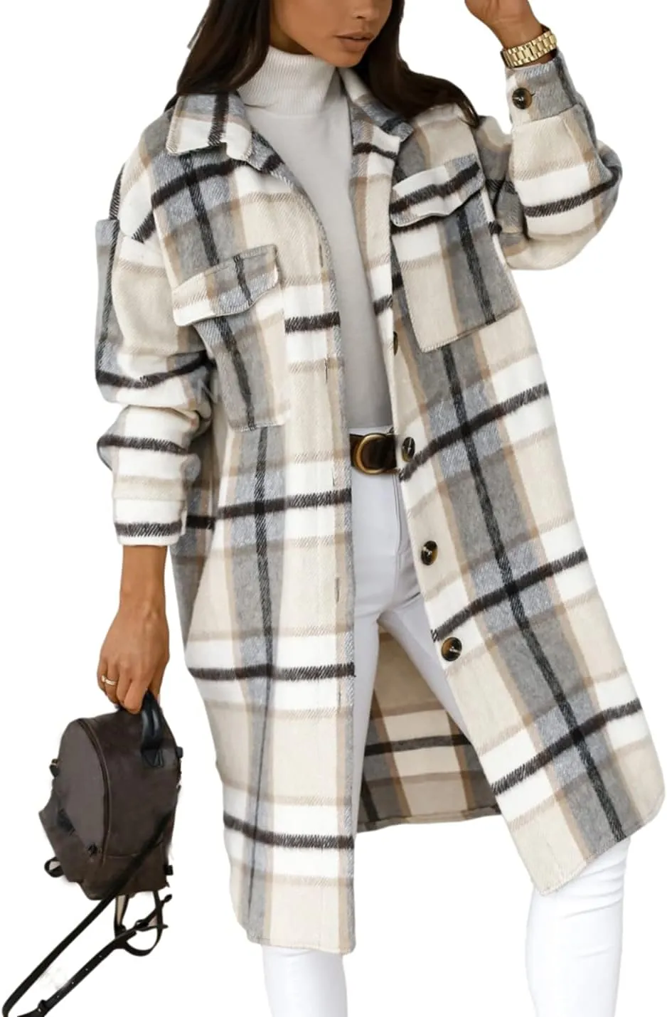 SeekMe Women's Long Plaid Shirt Jacket Shacket Lapel Button Down Woolen Blend Casual Tartan Over Shirt Trench Coat