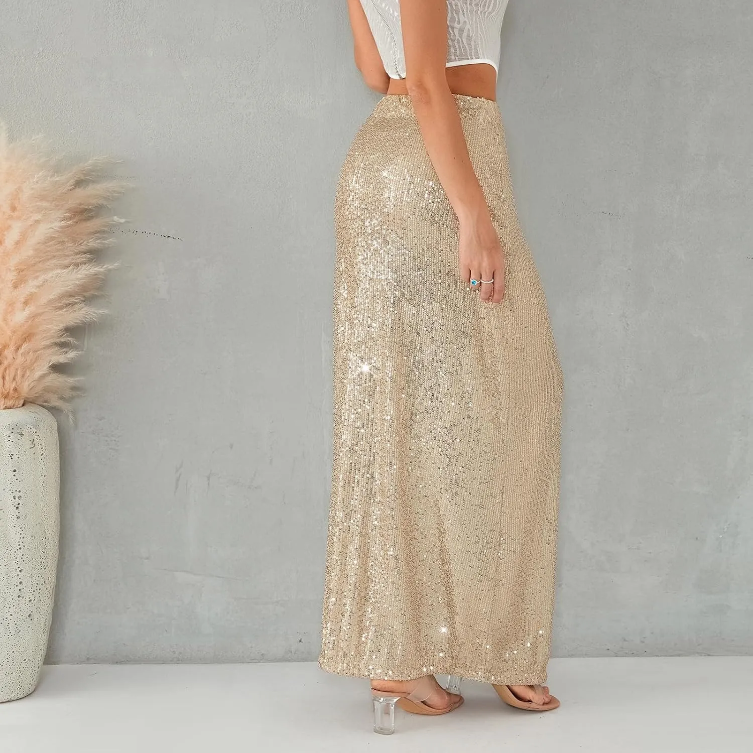 Sequin Skirt for Women Low Waist Disco Dresses Skirt Sparkle Glitter Party Night Mermaid Flowy Long Maxi Skirt