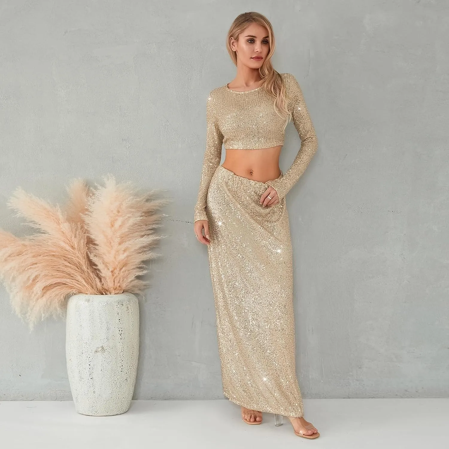 Sequin Skirt for Women Low Waist Disco Dresses Skirt Sparkle Glitter Party Night Mermaid Flowy Long Maxi Skirt