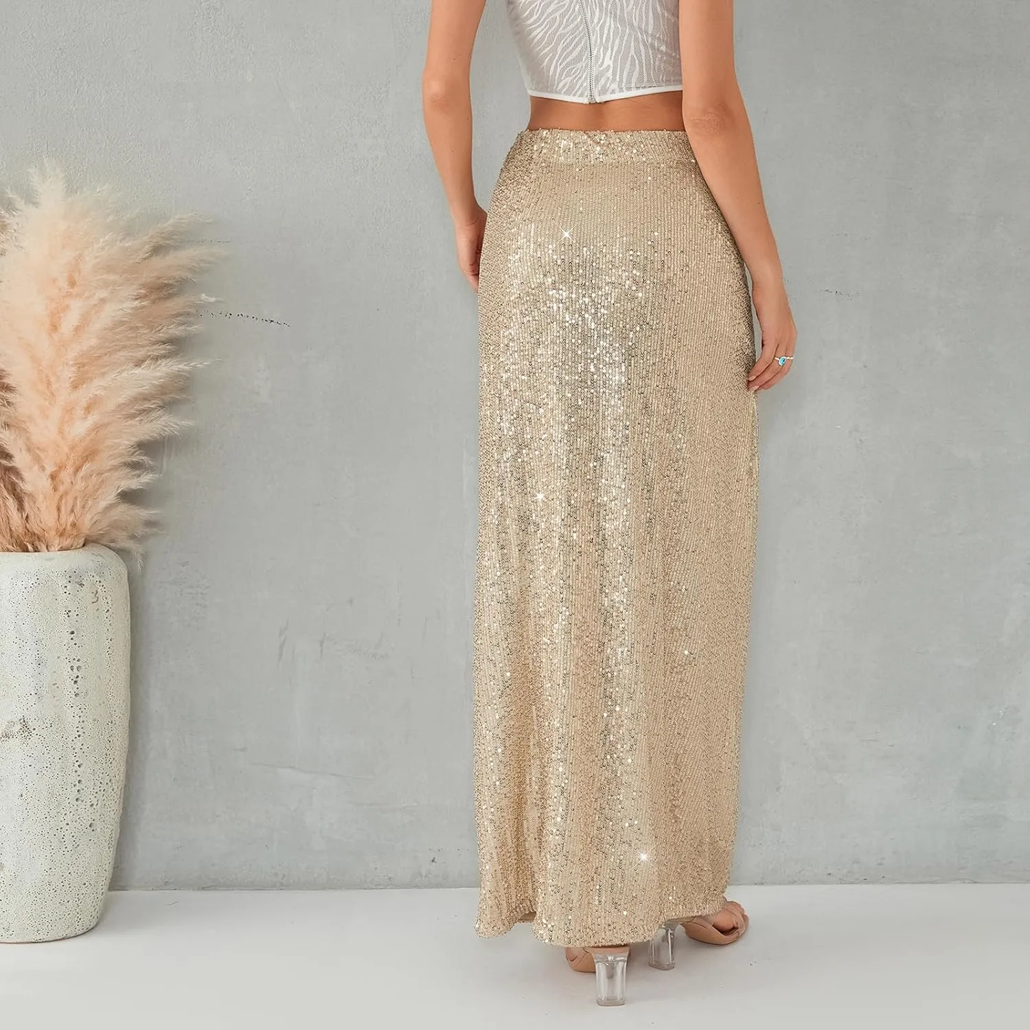 Sequin Skirt for Women Low Waist Disco Dresses Skirt Sparkle Glitter Party Night Mermaid Flowy Long Maxi Skirt