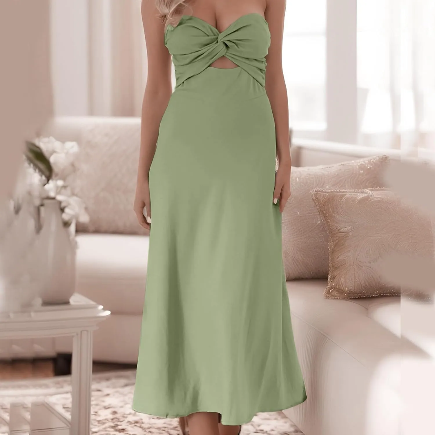 Sexy Front Strapless Sweetheart Neckline Midi Dresses for Women Smocked Cutout Tube Linen Dress Summer Dress Knee